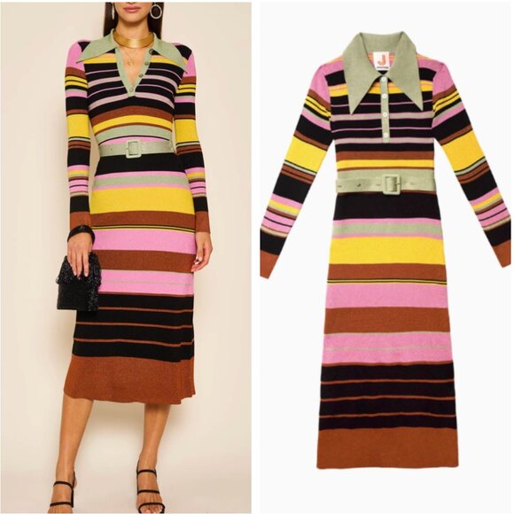JoosTriscot x RIXO LondonKnitted Lurex Polo Knit Midi Dress Lurex Stripe Multi - Picture 1 of 13